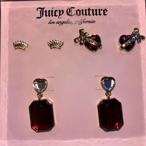 Juicy Couture Bows Red Jewel Heart Crown Earrings Set Of 3 JC Dangle Gold NEW